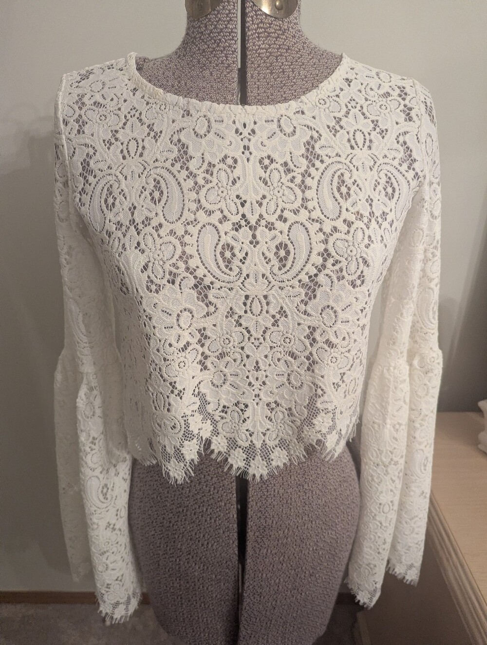 For Love & Lemons Ivory Floral Lace Cropped Blouse And Skirt Set
